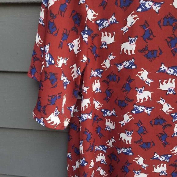 Monteau LA Sheer Burgundy Button Down with Navy White Dog Print size Large - Picture 4 of 11